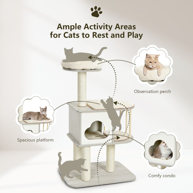 Wooden cat activity tree with three platforms, cushioned pads, and sisal ropes for scratching, perfect for playful.