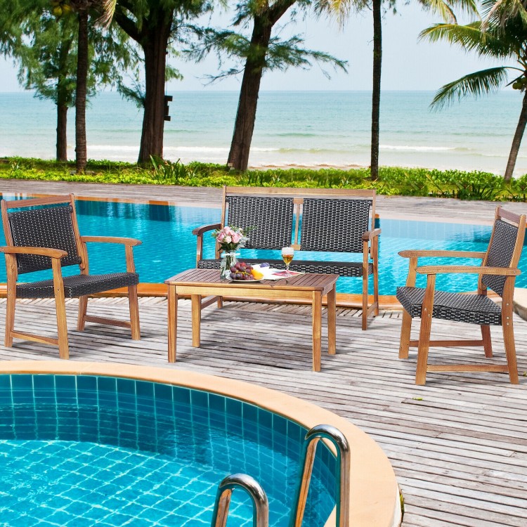 Outdoor patio rattan furniture sofa set with acacia wood frame, arranged poolside for relaxation and leisure.