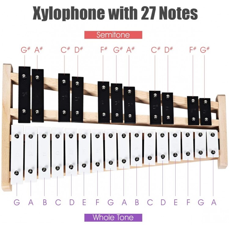 27-note xylophone with wood frame and rubber mallets, suitable for all ages, perfect for music teaching and.