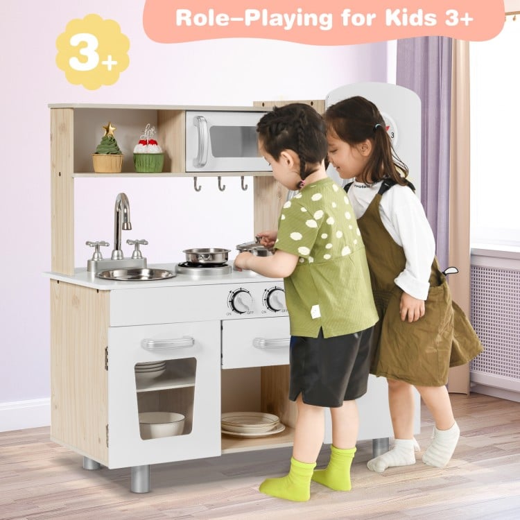 Vintage play kitchen set for kids 3+, featuring stove, sink, and water dispenser for imaginative cooking fun.