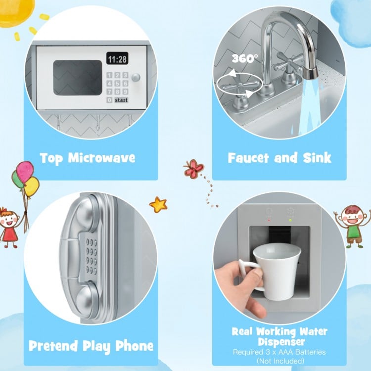 Pretend play kitchen wooden toy set featuring a realistic water dispenser and oven with light and sound for kids' fun.