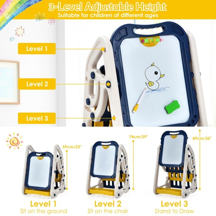 3-in-1 kids art easel with adjustable height, featuring a double-sided whiteboard and chalkboard for creative play.