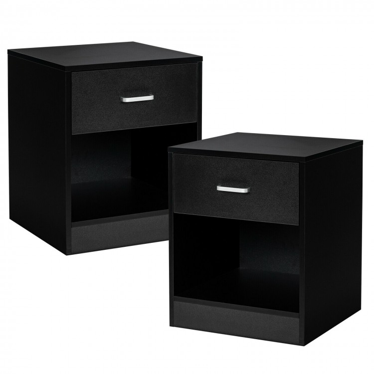 Black nightstand showcasing a spacious top surface for decor and a large drawer for organized storage in any room.