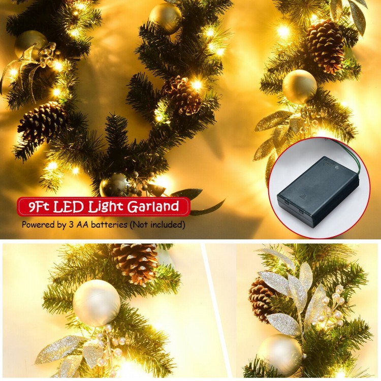 9ft pre-lit artificial Christmas garland with 50 warm white LED lights and decorative ornaments for festive.