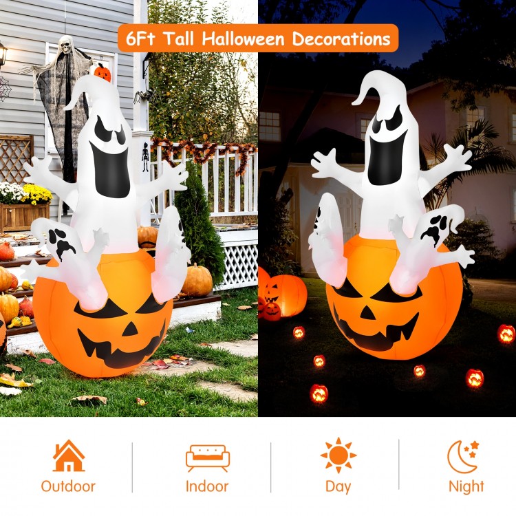 6ft Halloween blow-up decoration featuring a ghost in a pumpkin, illuminated with LED lights for festive outdoor.