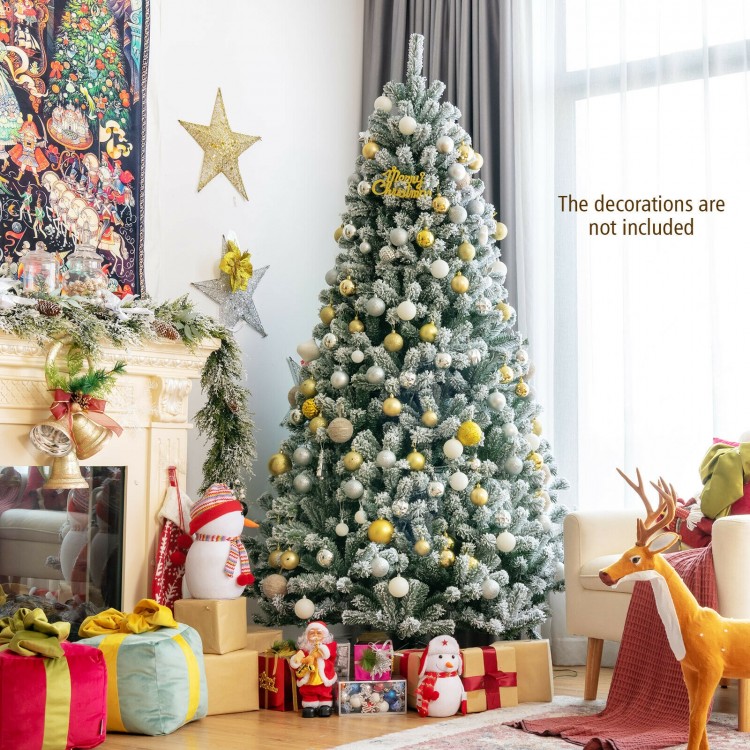 7-foot pre-lit snow flocked Christmas tree with 1116 tips and metal stand, perfect for festive holiday decor.