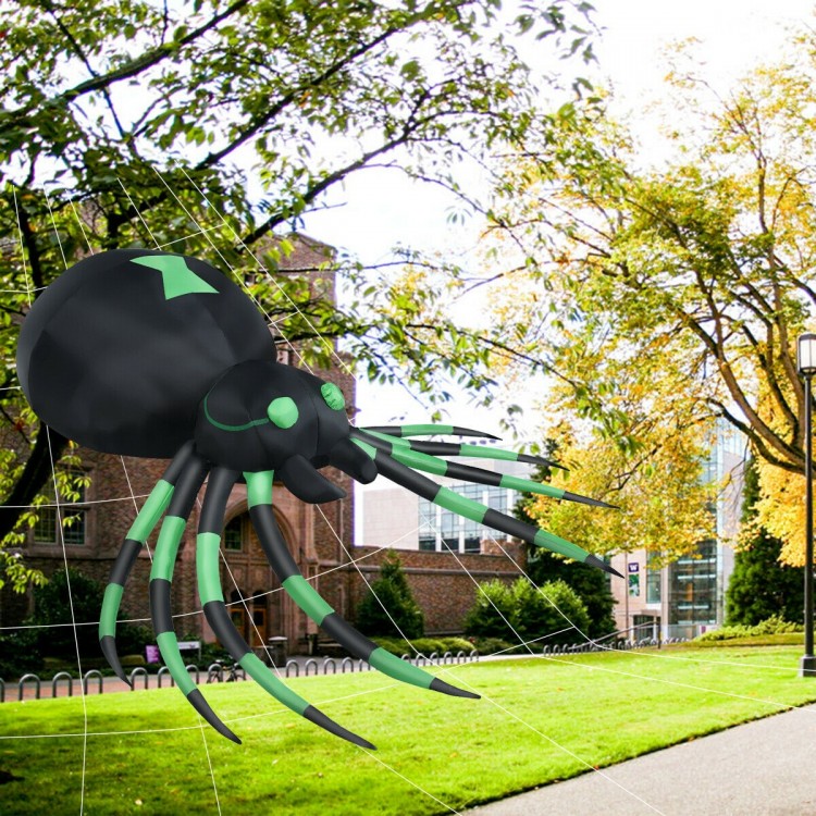 6 feet inflatable blow-up spider with green accents, perfect for Halloween outdoor decor, featuring durable polyester.