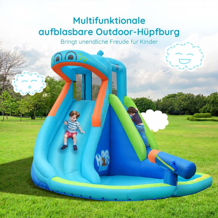 Bouncy inflatable water pool with slide and splash area, featuring a cute hippo design for outdoor summer fun.