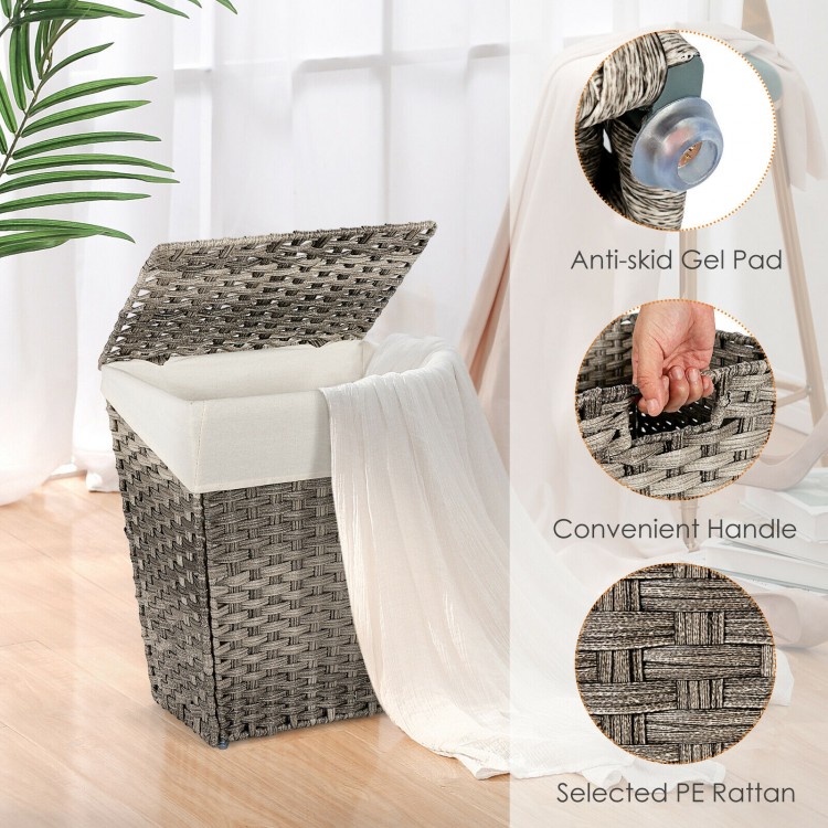 Handwoven gray laundry hamper with removable liner, flip lid, and non-slip foot pads for stability in damp areas.
