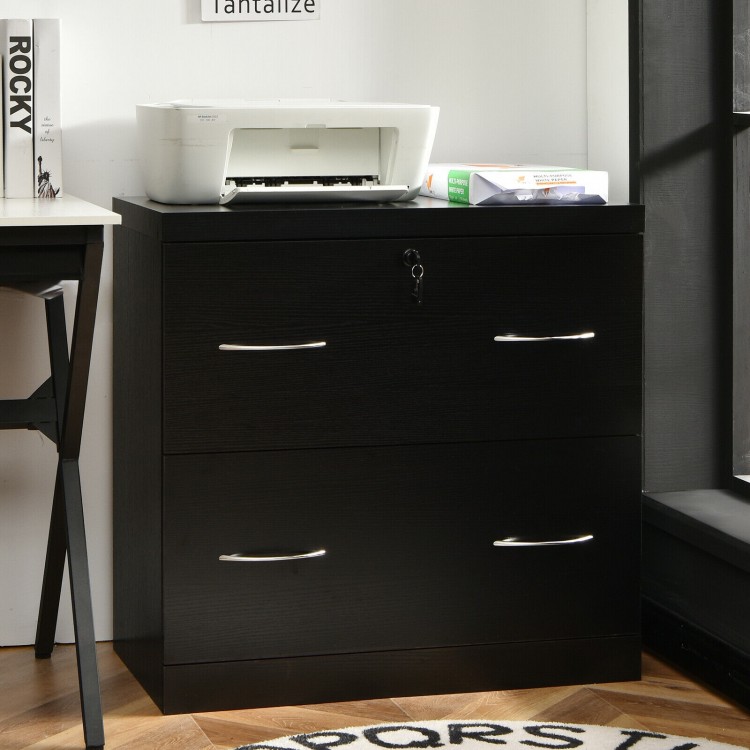 2-drawer black file cabinet with lock, designed for letter and legal size documents, ideal for home or office use.