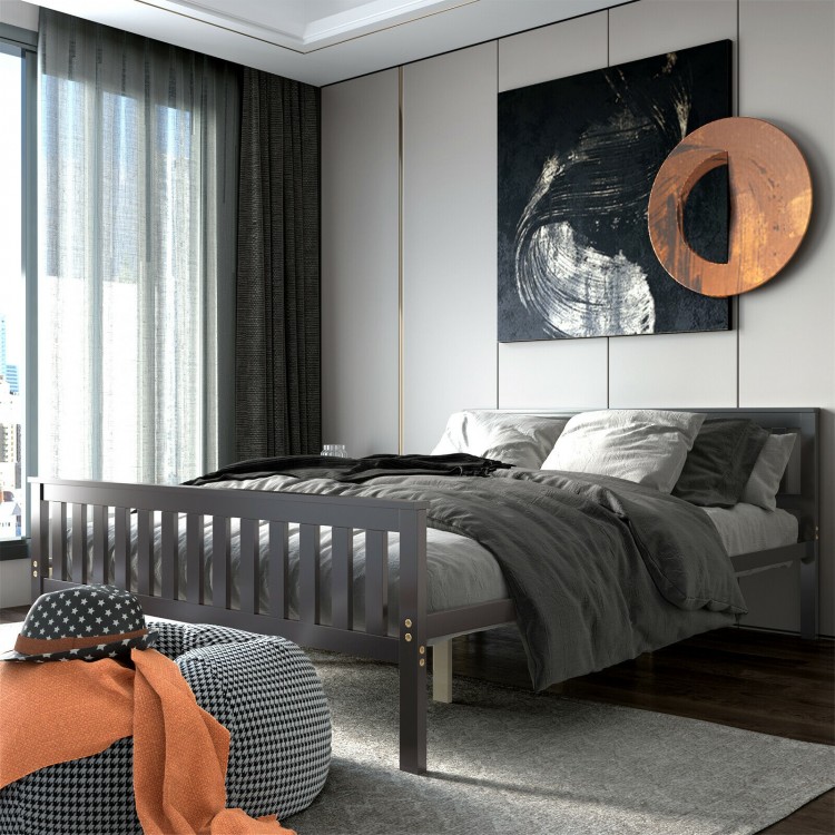 Queen wood platform bed with headboard in a modern bedroom, featuring solid wood frame and under-bed storage space.