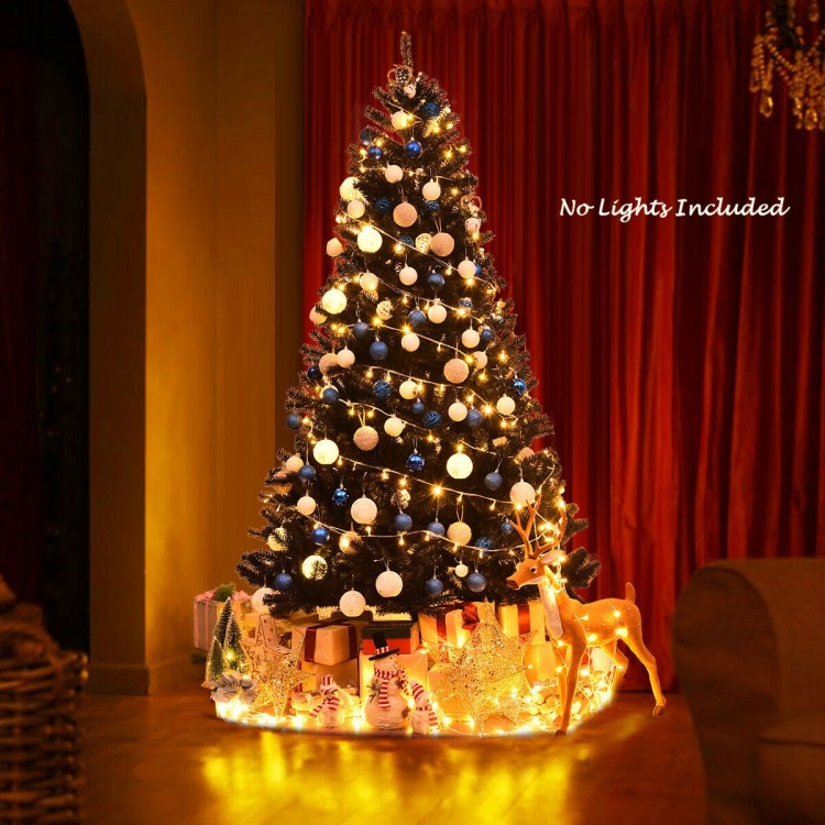 7.5 feet hinged artificial black Christmas tree with 1258 branch tips, perfect for customizable holiday decor.