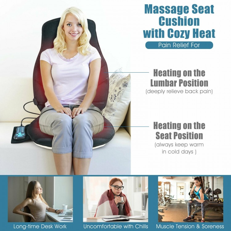 Memory foam seat cushion massager with heat and 6 vibration motors for ultimate comfort at home or office.
