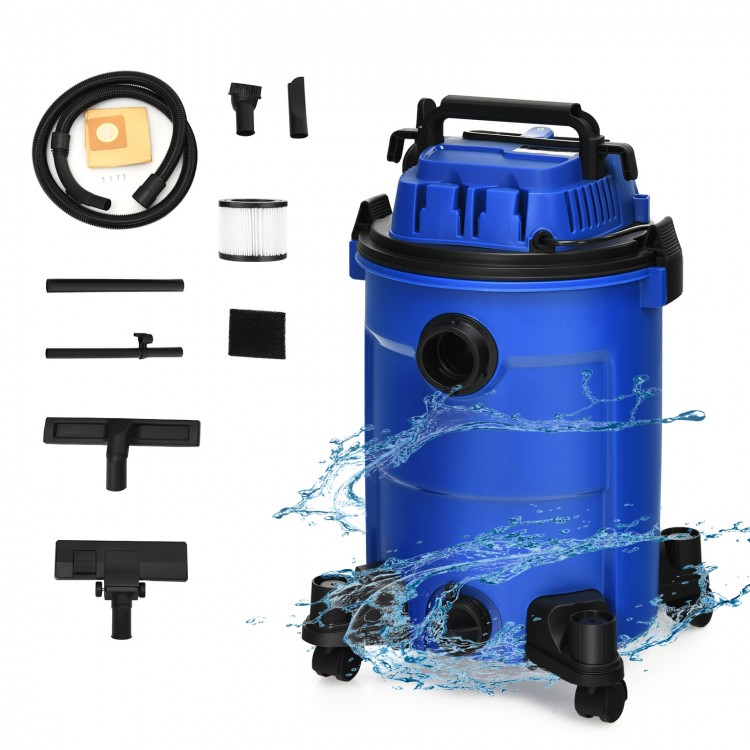 Blue 6.6-gallon wet dry vacuum cleaner with 4.8 HP motor, wheels, and accessories for versatile cleaning tasks.