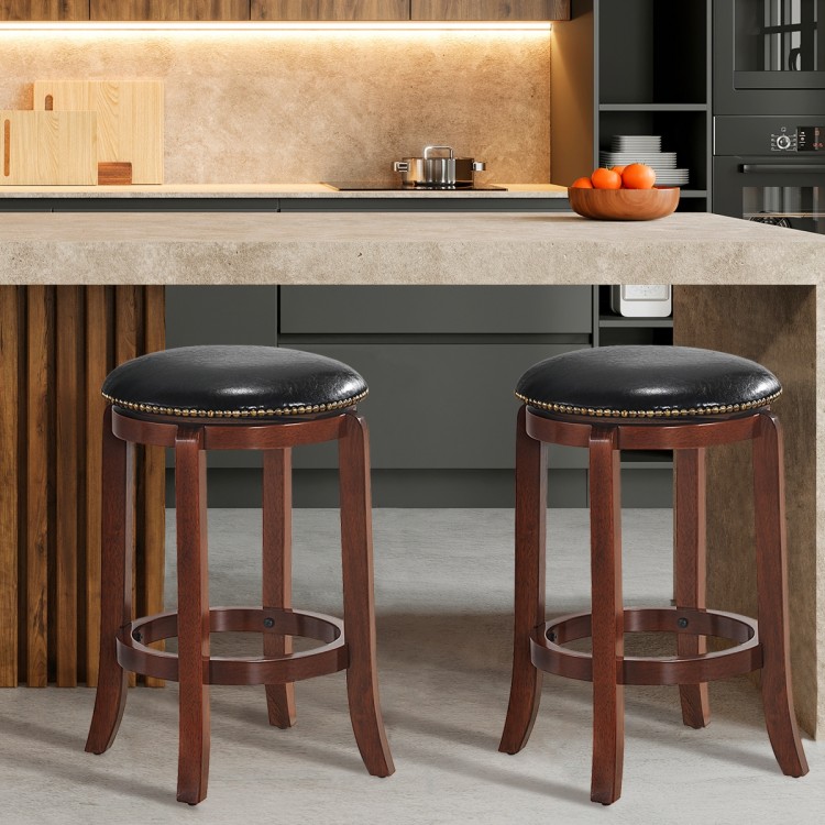 Backless swivel bar stool with 24-inch height, rubber wood legs, and PU leather padded seat for kitchen or bar use.