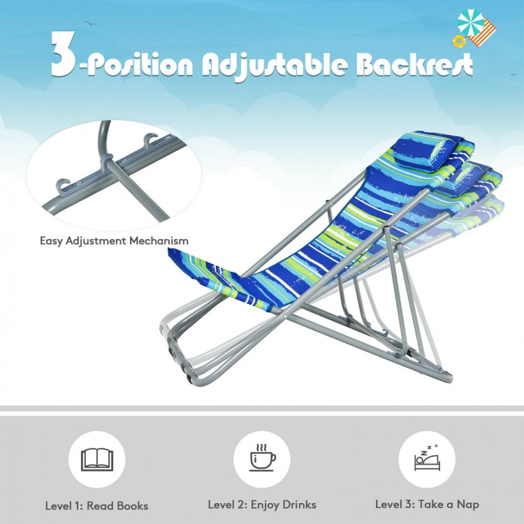Portable beach chair set of 2 with blue fabric, featuring a 3-position adjustable backrest for outdoor relaxation.