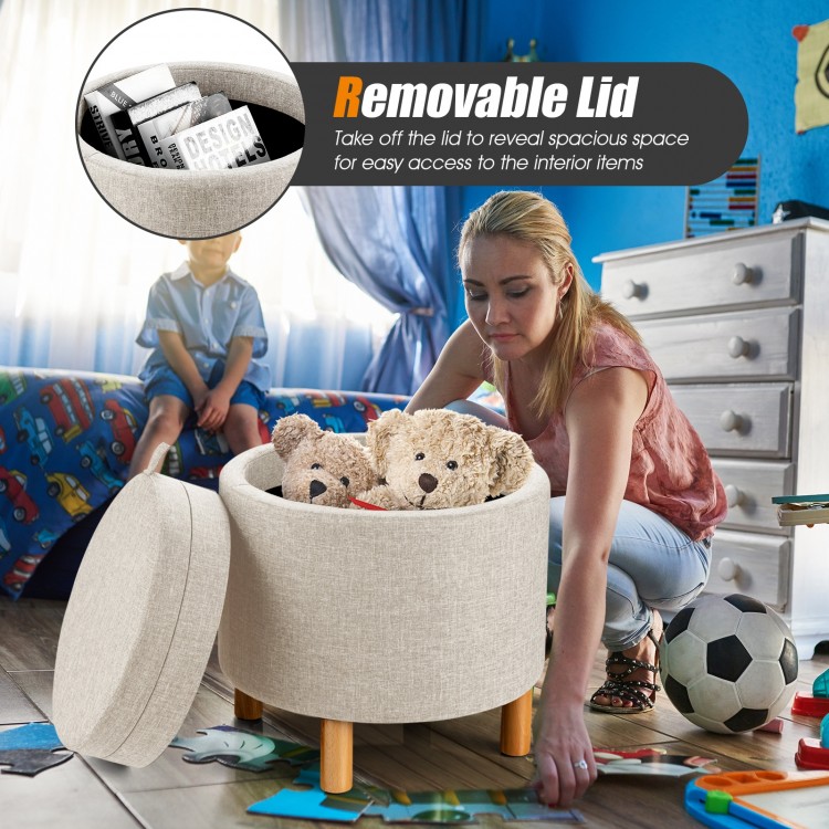 Round beige fabric storage ottoman with removable lid, wooden tray, and non-slip pads for versatile bedroom use.