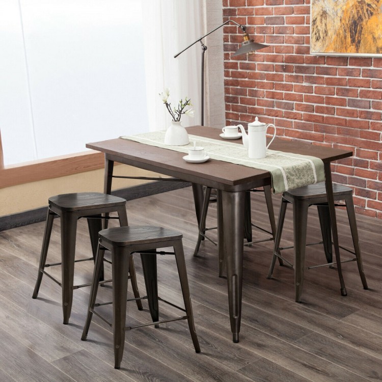 Set of 4 industrial metal counter stools with elmwood seats, featuring removable backrests for versatile dining use.