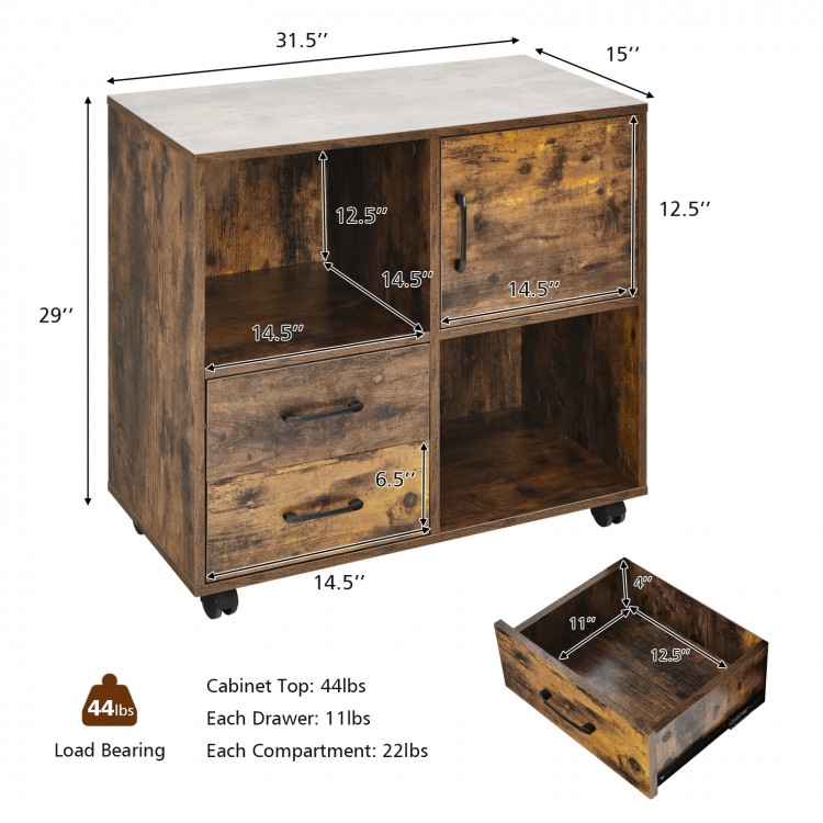 Mobile file cabinet in brown with open compartments and drawers, featuring smooth-rolling wheels for easy movement.