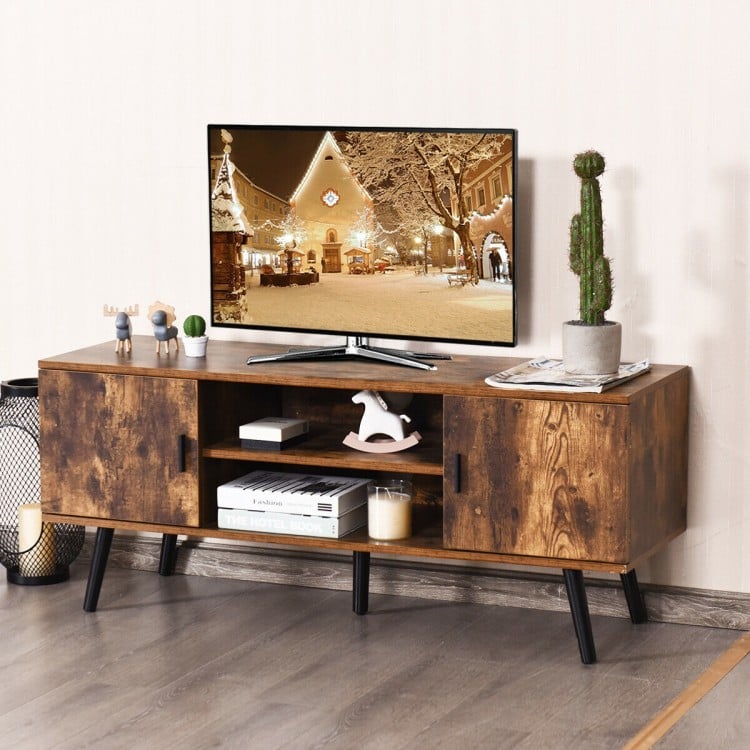Rustic brown industrial TV stand with storage cabinets, designed for TVs up to 55", featuring sturdy engineered wood.