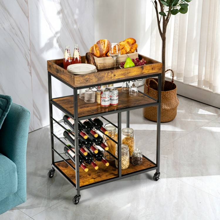 3-tier wood rolling kitchen serving cart in rustic brown with wine rack, glass holders, and ample storage for versatile.