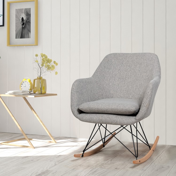 Gray upholstered rocking armchair with beech wood legs and steel frame, perfect for living room or bedroom relaxation.