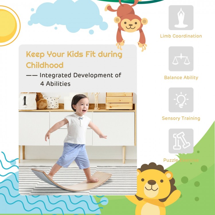 Wooden wobble balance board for kids, made of premium birch with felt layer, ideal for various fun activities and.