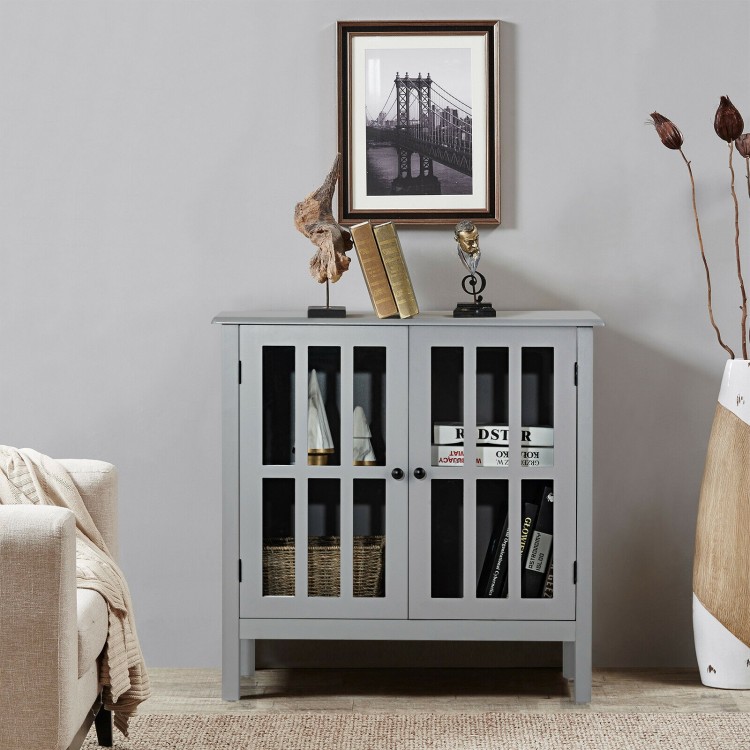 Gray sideboard console storage cabinet showcasing elegant glass-paneled doors and sturdy MDF, perfect for stylish.