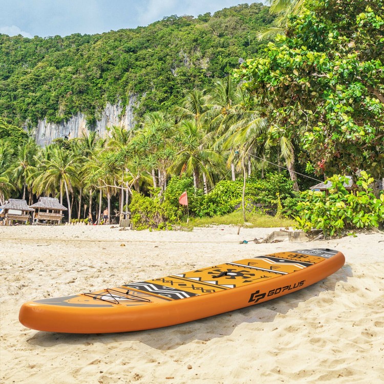 Inflatable stand-up paddle board in orange, designed for stability and balance, ideal for water activities and yoga.