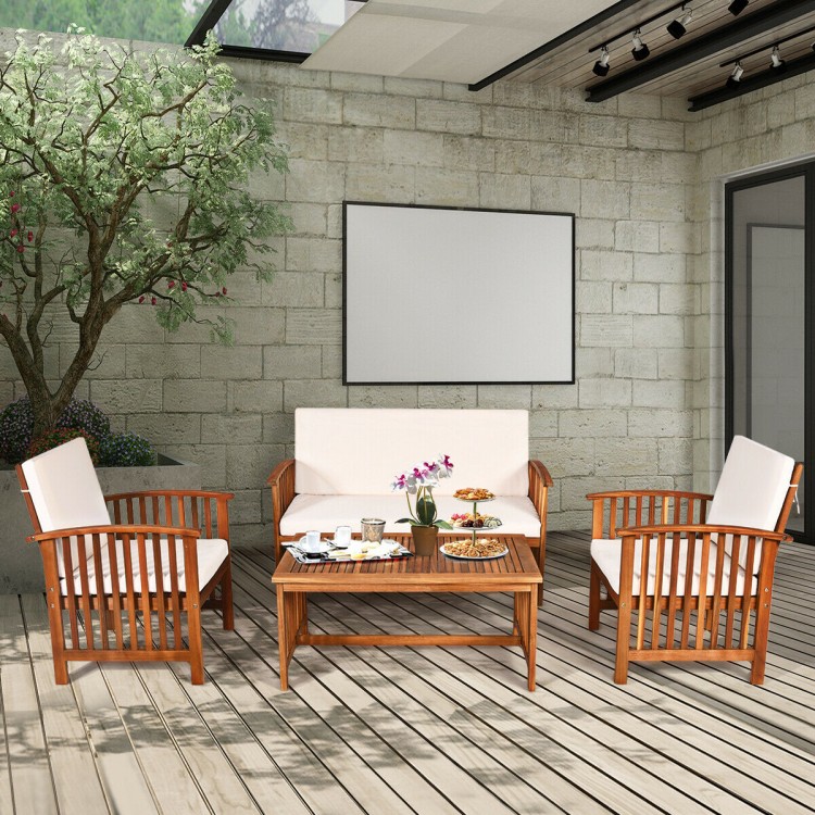 Patio solid wood furniture set featuring beige cushions, including a loveseat and two chairs, perfect for outdoor.