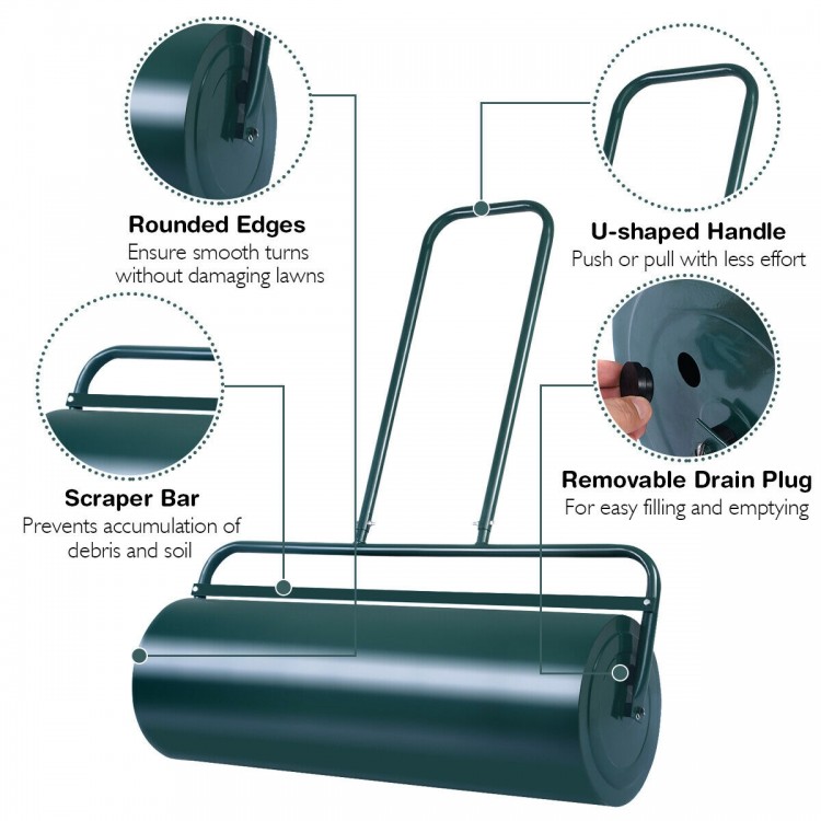 24 x 13 inch green lawn roller with a U-shaped handle, scraper bar, and removable drain plug for easy use and storage.