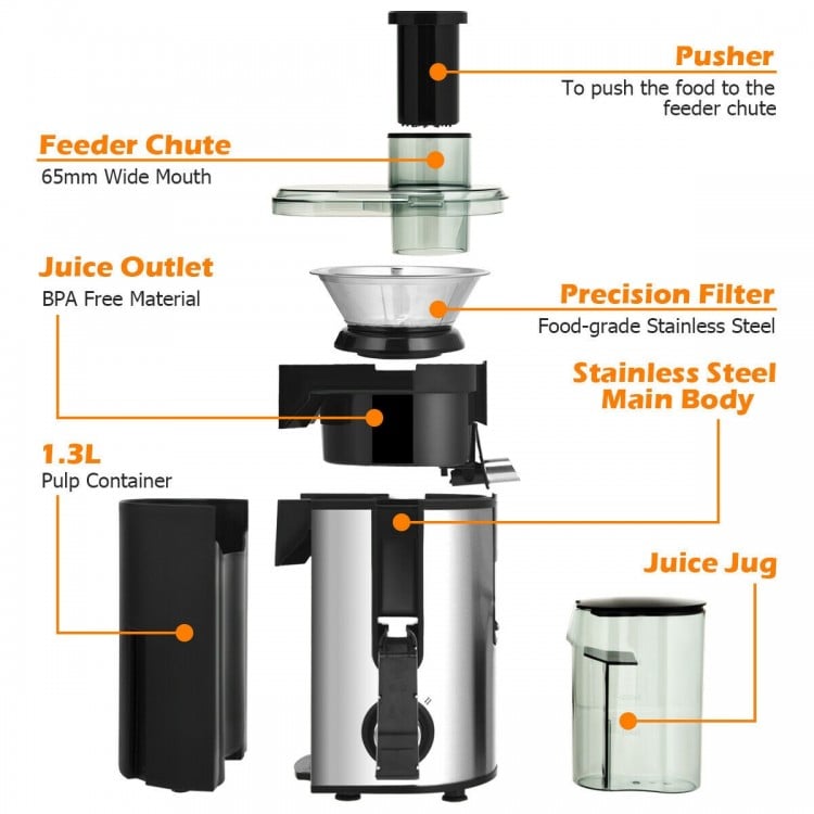 Centrifugal juicer machine with stainless steel body, 2.5" wide feed chute, and 1.3L pulp container for efficient.