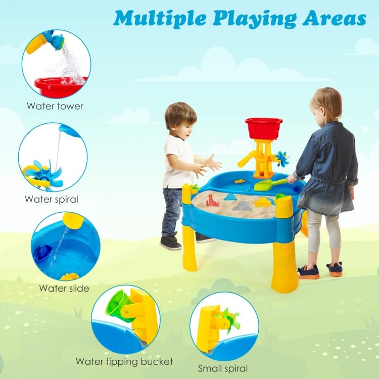 Kids sand and water activity table with water tower, slide, and tipping bucket for imaginative outdoor play.