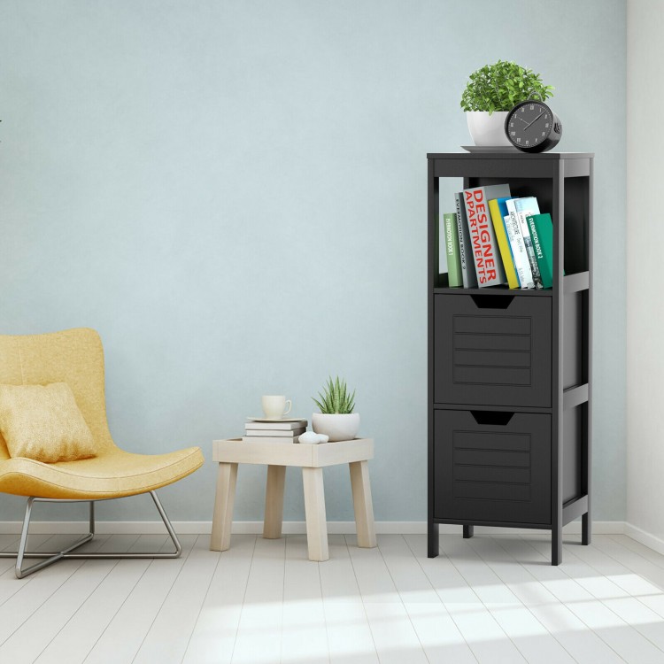 Black wooden floor cabinet with three shelves and two drawers, ideal for bathroom or living room storage.