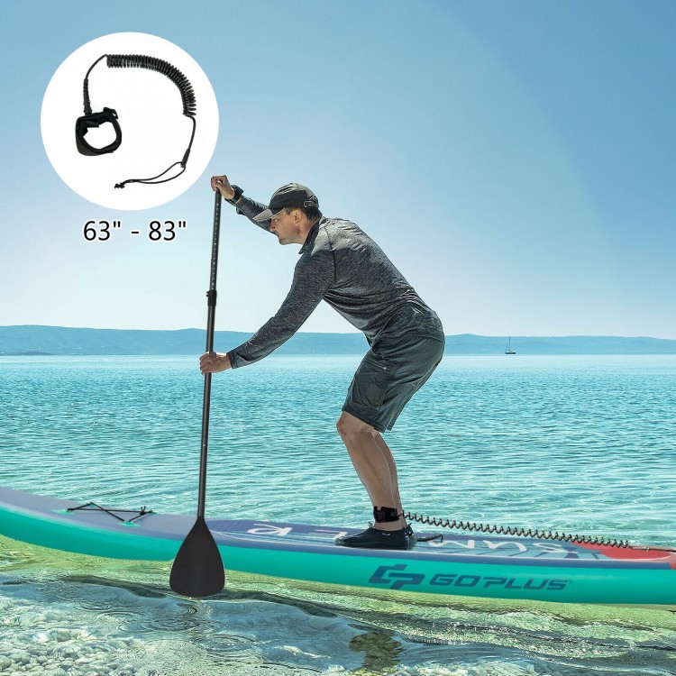 Inflatable stand-up paddle board with adjustable aluminum paddle, ideal for water activities like fishing and yoga.