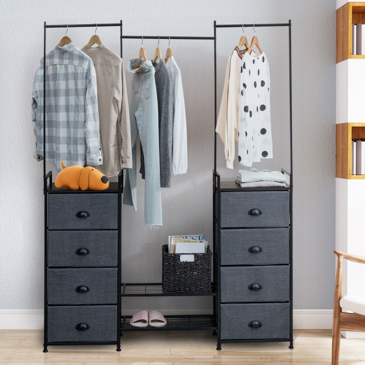 Portable multifunctional dresser with 8 fabric drawers and metal rack, ideal for organizing clothes and accessories.