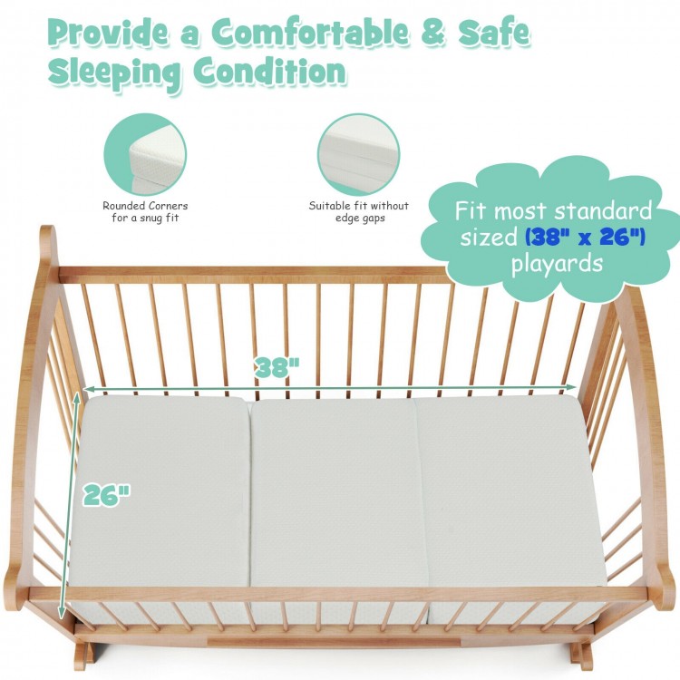 Tri-fold memory foam baby mattress with rounded corners, fits standard playpens, ideal for travel and easy cleaning.