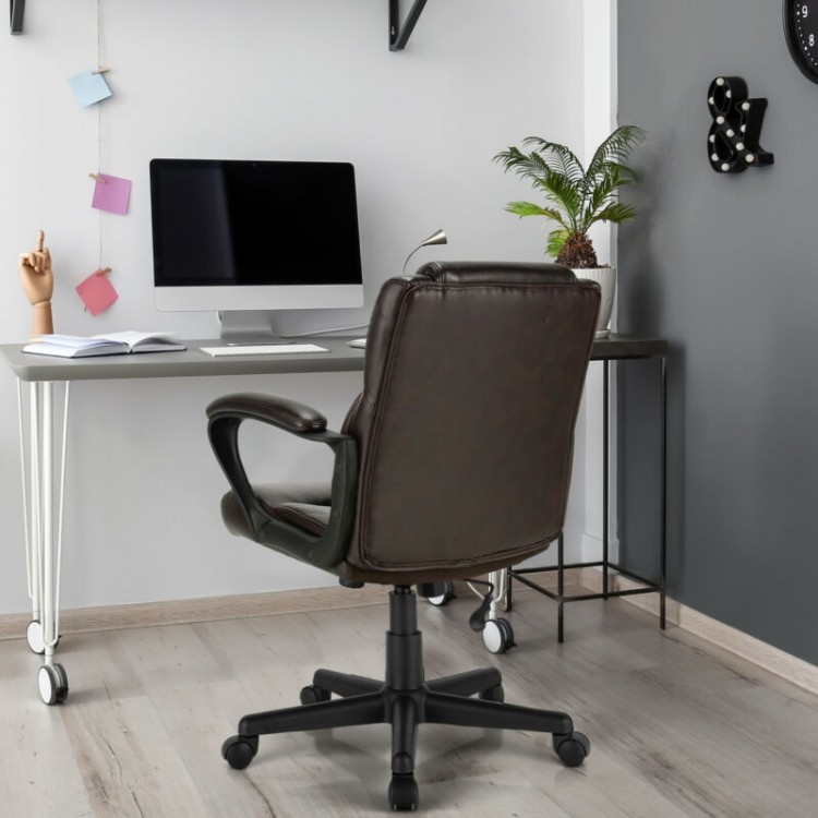 Side view of an adjustable leather executive office chair with armrests, featuring a padded cushion and ergonomic.