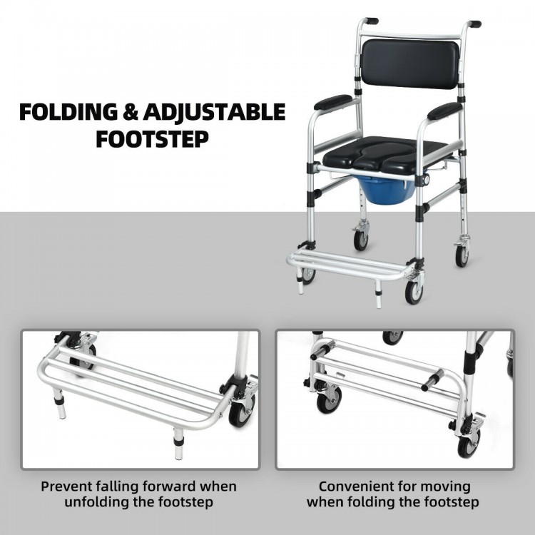 Folding and adjustable footstep of the 2-in-1 aluminum commode shower wheelchair for user convenience and safety.