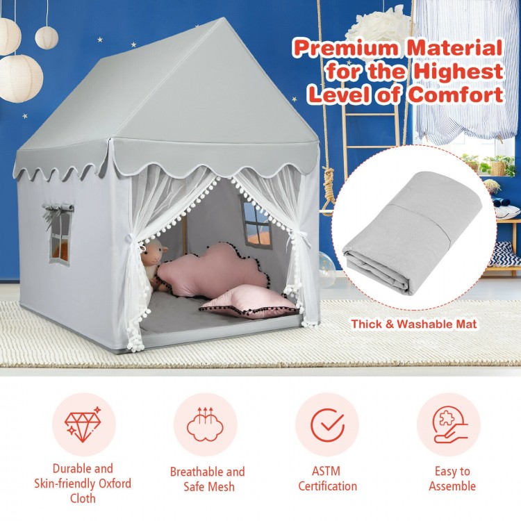 Kids large gray play castle tent with thick washable mat, perfect for indoor and outdoor play and relaxation.