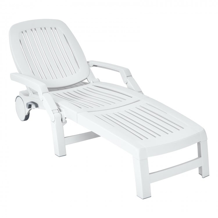 Adjustable white patio sun lounger with wheels, featuring a folding design and storage box, perfect for outdoor.
