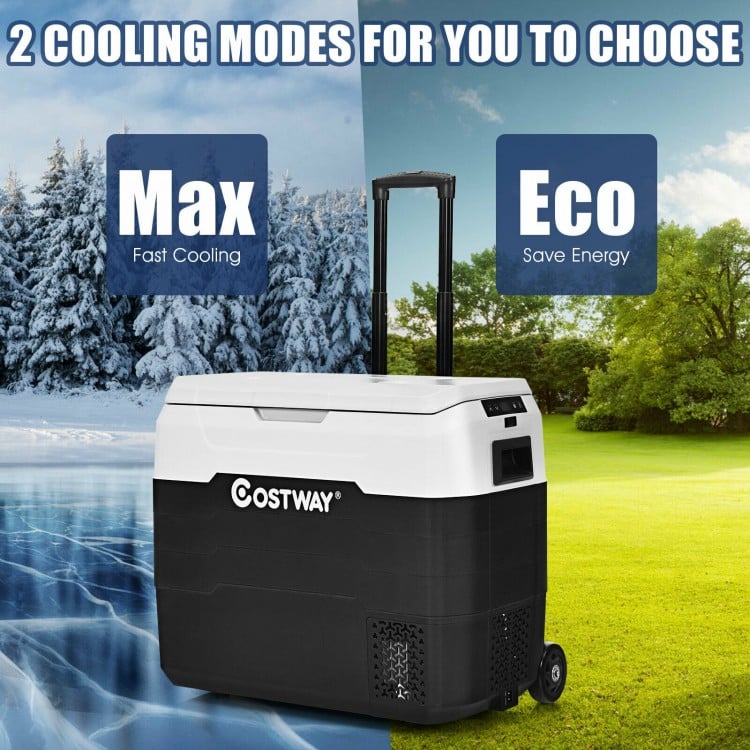 Portable 53 QT dual-zone car refrigerator in white, featuring max and eco cooling modes, ideal for camping and outdoor.