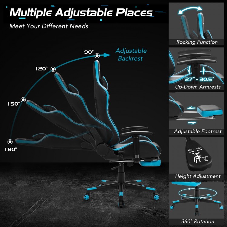 Reclining gaming chair with adjustable backrest, lumbar support, and retractable footrest in blue for ultimate comfort.