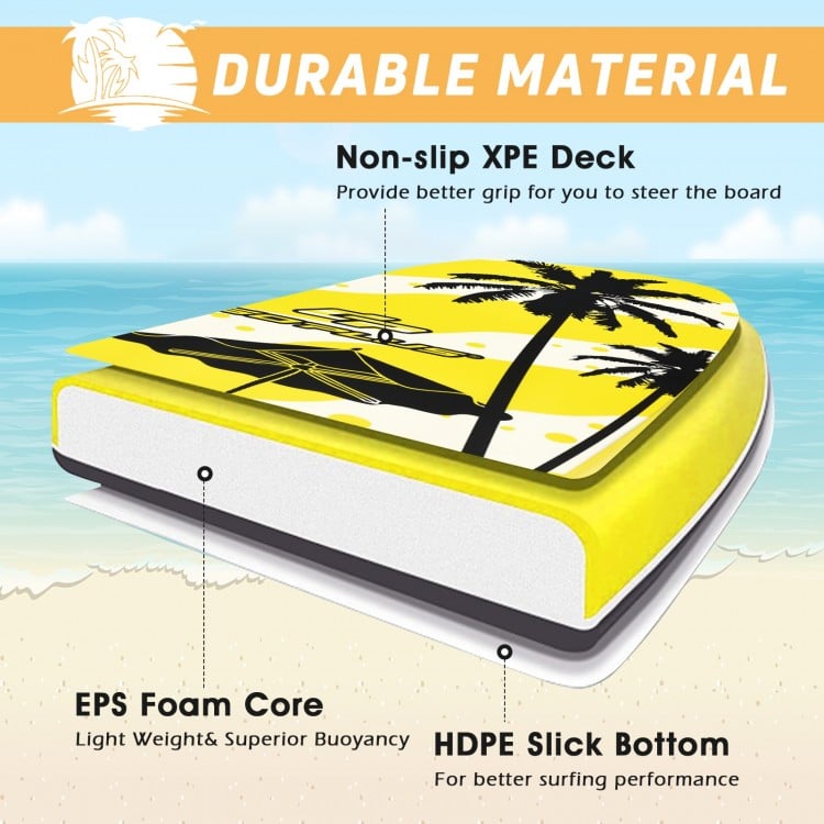 Lightweight bodyboard featuring a non-slip XPE deck, EPS foam core, and HDPE slick bottom for optimal surfing.