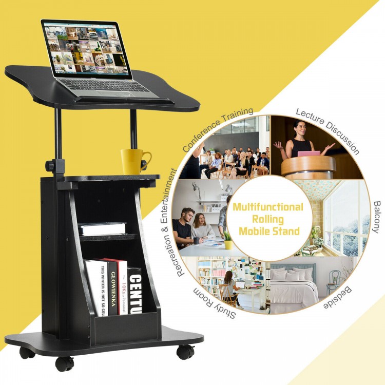 Height adjustable black laptop desk cart with storage, suitable for home or office use, featuring wheels for mobility.