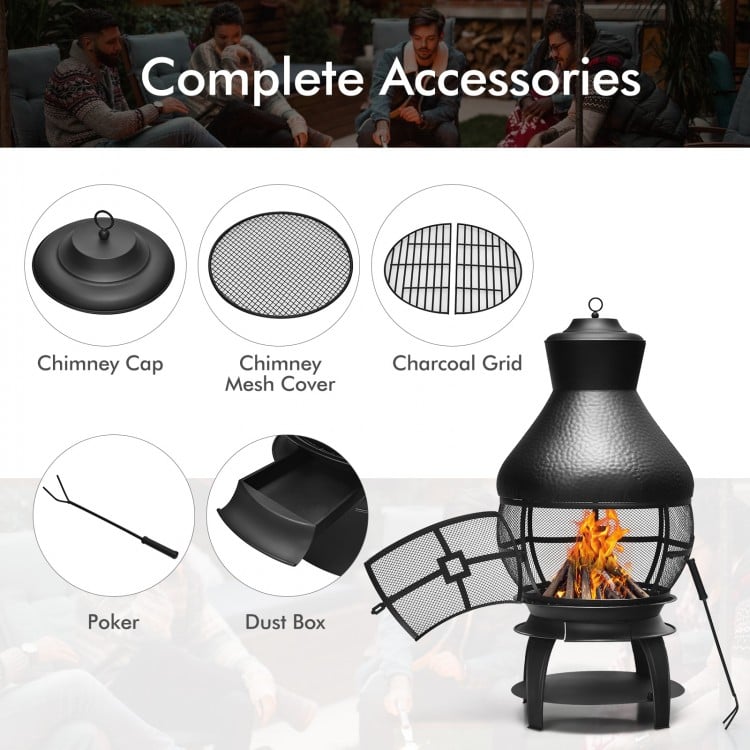 Patio wood burning chimenea fireplace with round wire mesh, sturdy iron construction, perfect for outdoor gatherings.