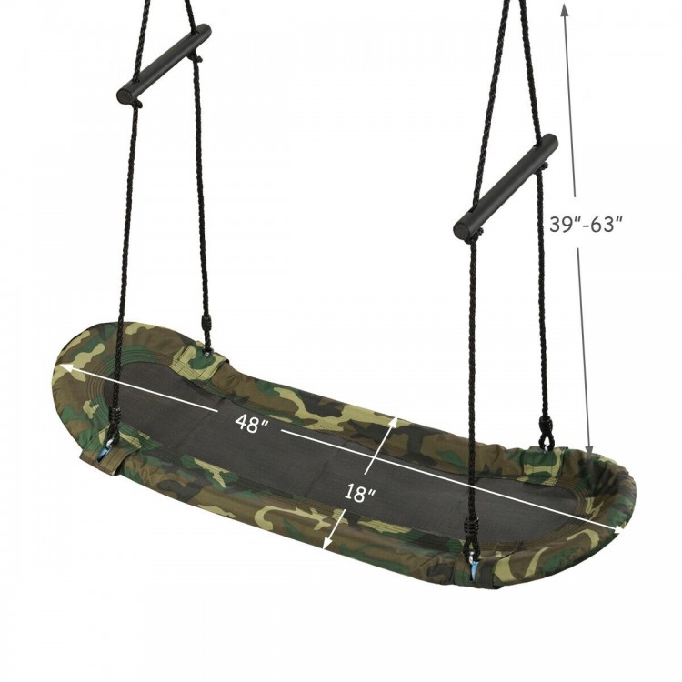 Adjustable army green saucer tree swing with foam handles, suitable for 1-3 kids, perfect for outdoor fun.