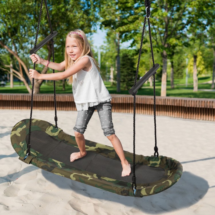 Kids enjoying the Saucer Tree Swing in army green, featuring adjustable height and comfortable foam handles for safe.