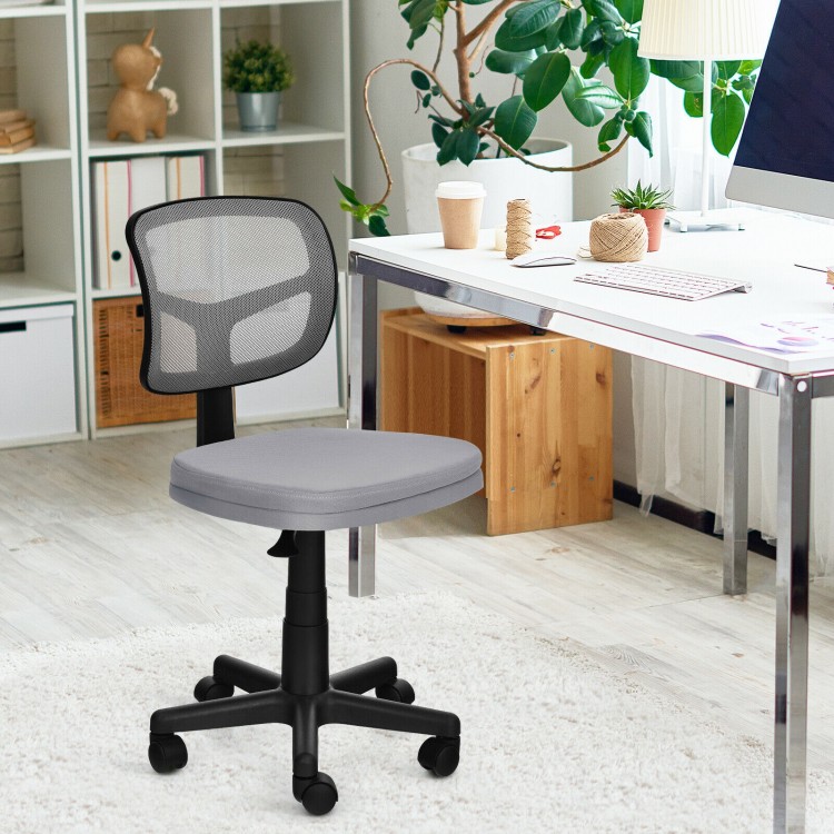 Armless gray computer chair with height adjustment and breathable mesh, ideal for home office use.