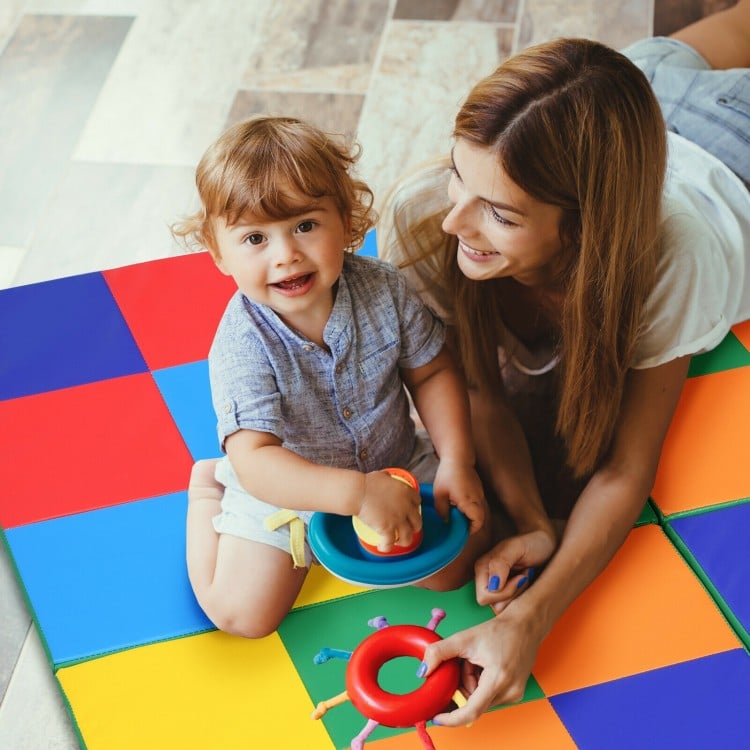 Colorful 58-inch baby folding activity floor mat with toddler playing, made of non-toxic PU and EPE materials for.